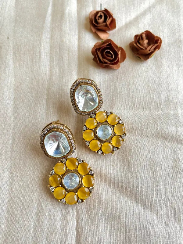 Handcrafted Yellow Copper Necklace with Polki and Cubic Zirconia-Stud, Drop Earrings