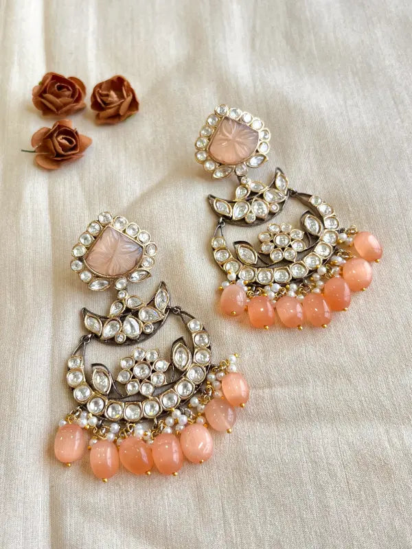 Elegant Handcrafted Victorian Kundan Jewelry in Peach with Semi-Precious Stones-Chandbali Earrings