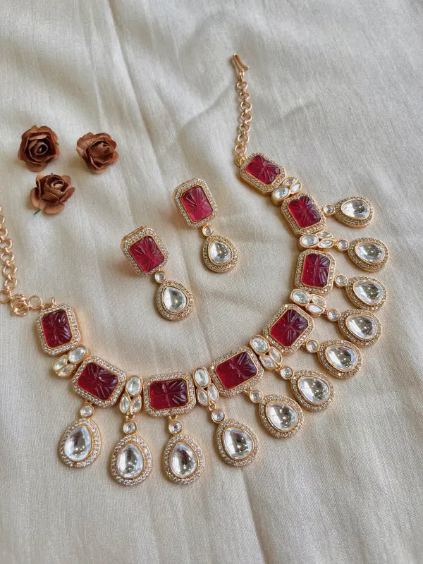 Handcrafted Golden-Tone Red Necklace with Copper, Polki, Cubic Zirconia & Semi-Precious Stones-Short Necklace Sets
