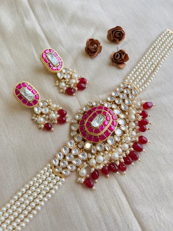 Shiny Magenta Polki Necklace with Handcrafted Beadwork-Choker Necklace Sets