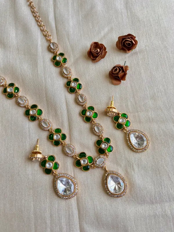 Elegant Green Polki and Cubic Zirconia Necklace-Regular Necklace Sets