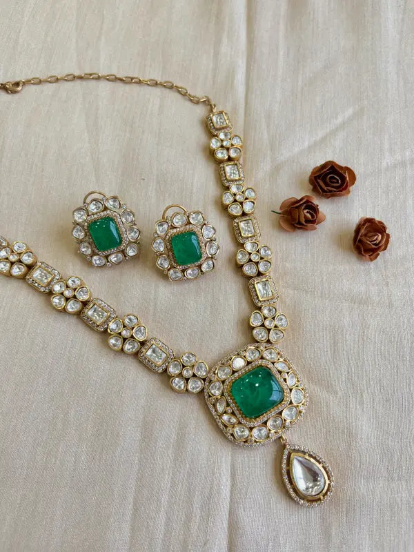 Stunning Handcrafted Green Polki Necklace with Copper and Cubic Zirconia Accents-Regular Necklace Sets