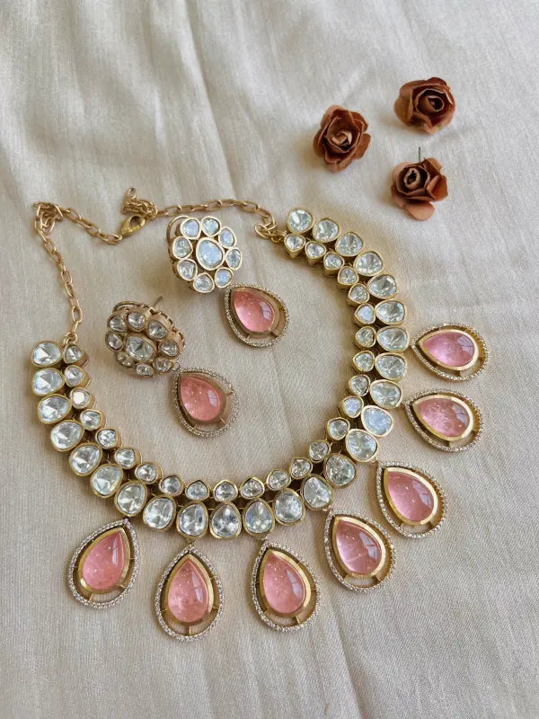 Exquisite Handcrafted Pink Moissanite & Polki Doublet Necklace-Regular Necklace Sets