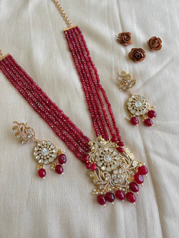 Elegant Polki Beadwork Necklace - Handcrafted with Semi-Precious Stones-Long Necklace Sets
