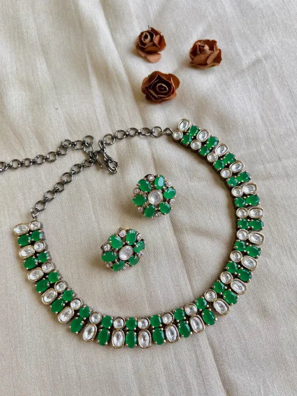 Handcrafted Victorian Polki Necklace with Semi-Precious Stones and Copper Accents-Short Necklace Sets