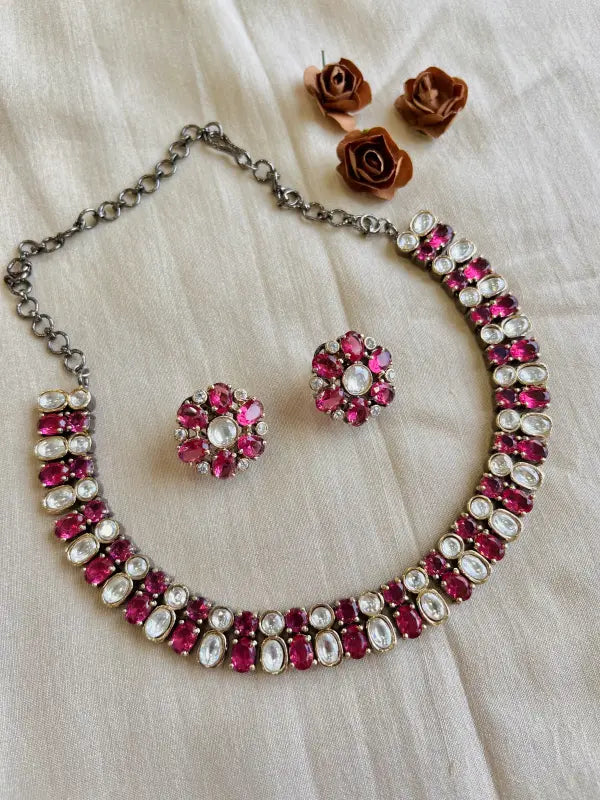 Handcrafted Victorian Polki Necklace with Semi-Precious Stones and Copper Accents-Short Necklace Sets