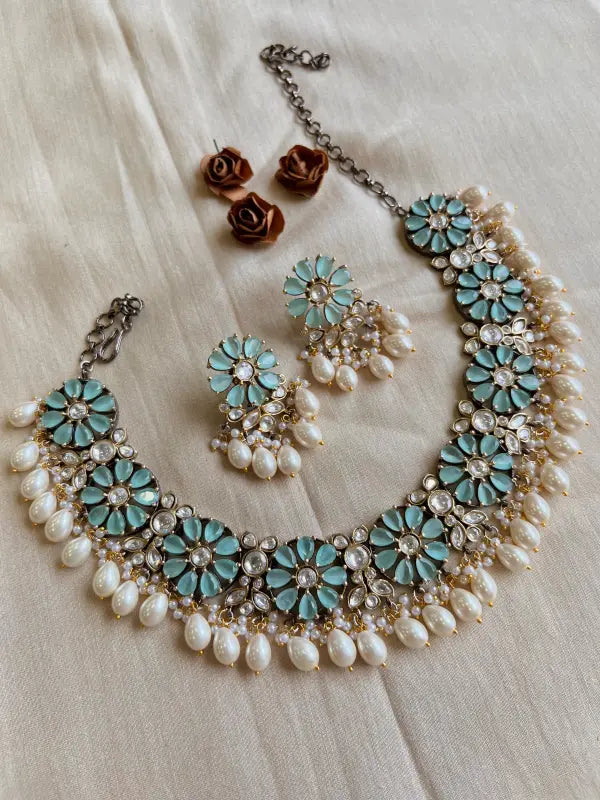 Handcrafted Polki Victorian Necklace with Semi-Precious Stones, Cultured Pearls, and Copper Beadwork-Short Necklace Sets