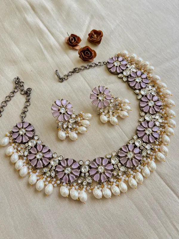 Handcrafted Polki Victorian Necklace with Semi-Precious Stones, Cultured Pearls, and Copper Beadwork-Short Necklace Sets