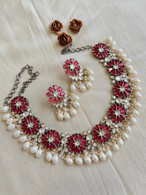 Handcrafted Polki Victorian Necklace with Semi-Precious Stones, Cultured Pearls, and Copper Beadwork-Short Necklace Sets