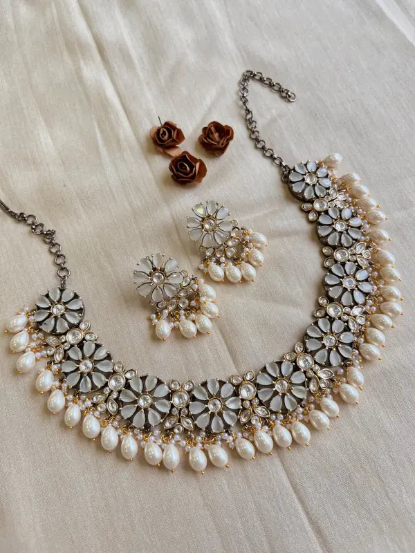 Handcrafted Polki Victorian Necklace with Semi-Precious Stones, Cultured Pearls, and Copper Beadwork-Short Necklace Sets