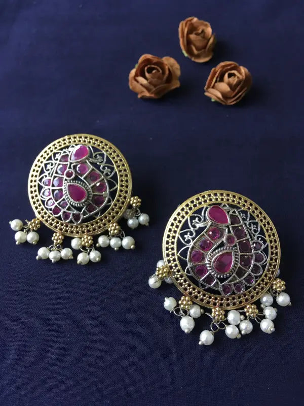 Handcrafted Dual-Tone Magenta Earrings with Brass, German Silver, Semi-Precious Stones & Beads