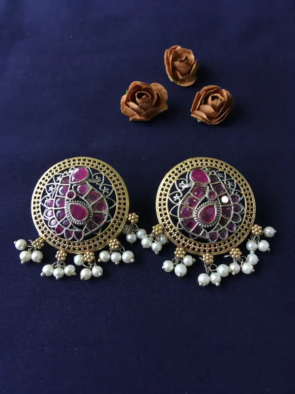 Handcrafted Dual-Tone Magenta Earrings with Brass, German Silver, Semi-Precious Stones & Beads