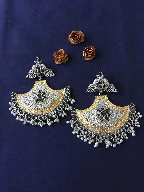Handcrafted Shiny Dual-Tone Necklace with Brass, German Silver & Semi-Precious Stones-Chandbali Earrings