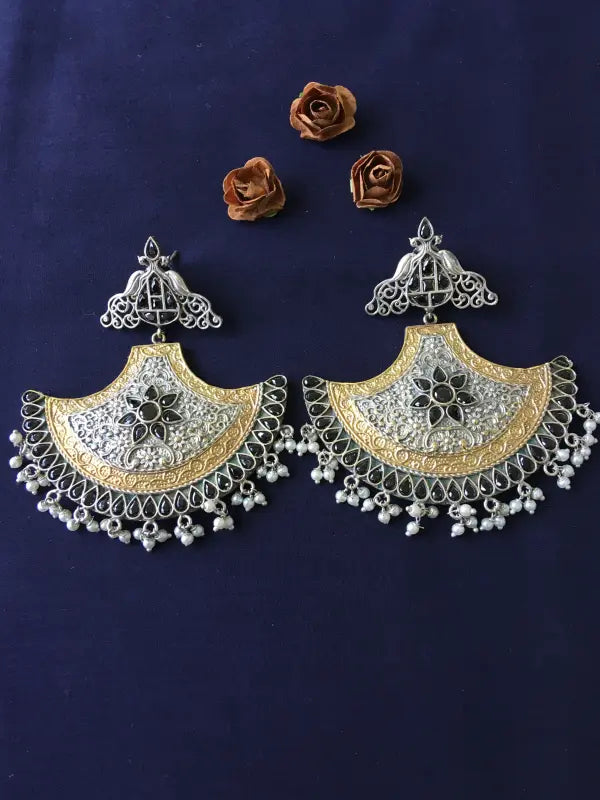 Handcrafted Shiny Dual-Tone Necklace with Brass, German Silver & Semi-Precious Stones-Chandbali Earrings