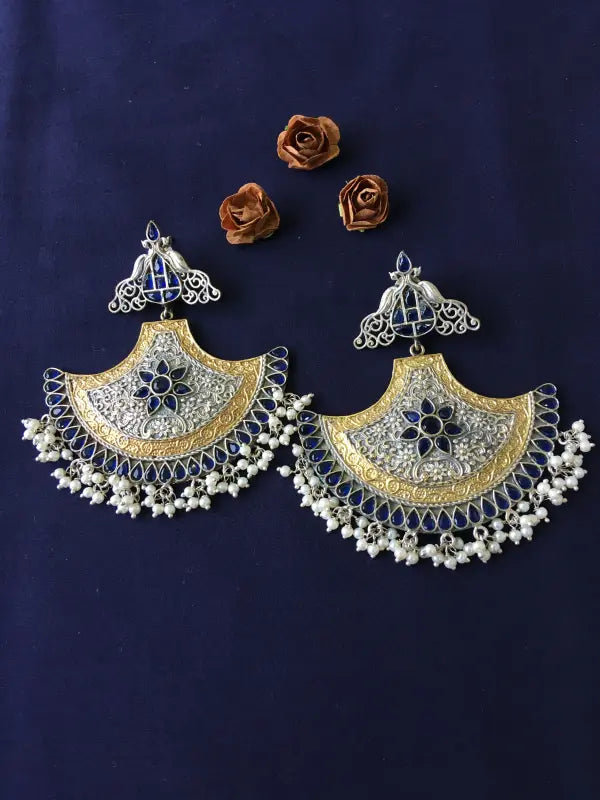 Handcrafted Shiny Dual-Tone Necklace with Brass, German Silver & Semi-Precious Stones-Chandbali Earrings