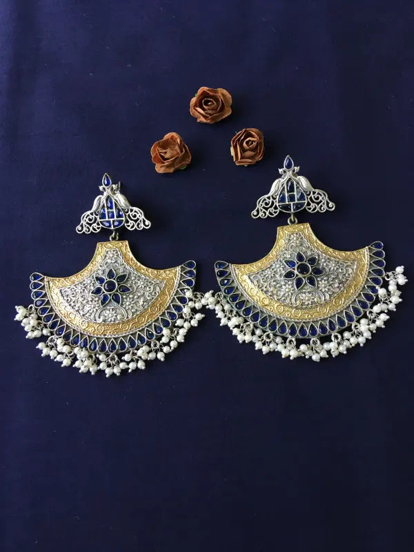 Handcrafted Shiny Dual-Tone Necklace with Brass, German Silver & Semi-Precious Stones-Chandbali Earrings