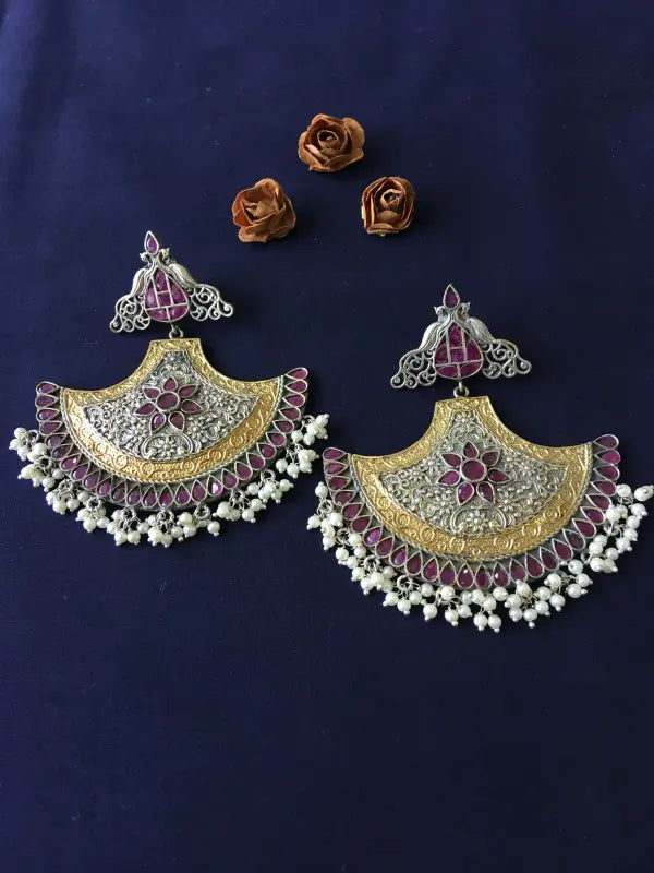 Handcrafted Shiny Dual-Tone Necklace with Brass, German Silver & Semi-Precious Stones-Chandbali Earrings
