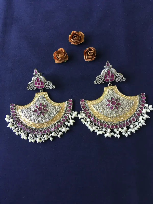 Handcrafted Shiny Dual-Tone Necklace with Brass, German Silver & Semi-Precious Stones-Chandbali Earrings