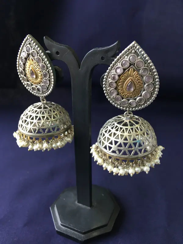 Handcrafted Dual-Tone Matte Pink Necklace with Brass, Semi-Precious Stones, Beads & German Silver-Jhumka Earrings