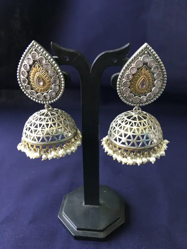 Handcrafted Dual-Tone Matte Pink Necklace with Brass, Semi-Precious Stones, Beads & German Silver-Jhumka Earrings