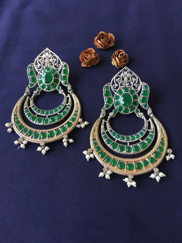 Handcrafted Matte Dual-Tone Necklace with Brass, German Silver & Semi-Precious Stones-Chandbali Earrings