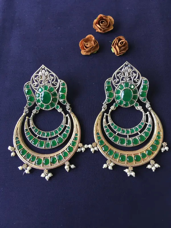 Handcrafted Matte Dual-Tone Necklace with Brass, German Silver & Semi-Precious Stones-Chandbali Earrings