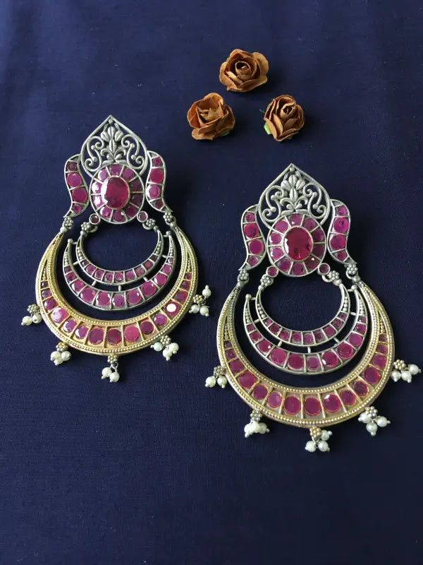 Handcrafted Matte Dual-Tone Necklace with Brass, German Silver & Semi-Precious Stones-Chandbali Earrings