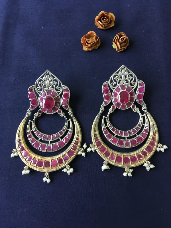 Handcrafted Matte Dual-Tone Necklace with Brass, German Silver & Semi-Precious Stones-Chandbali Earrings