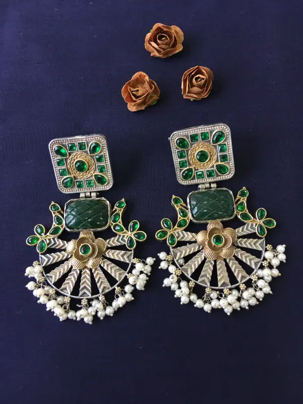 Handcrafted Brass Necklace with Precious Stones, Beads, and Cultured Pearls-Chandbali Earrings