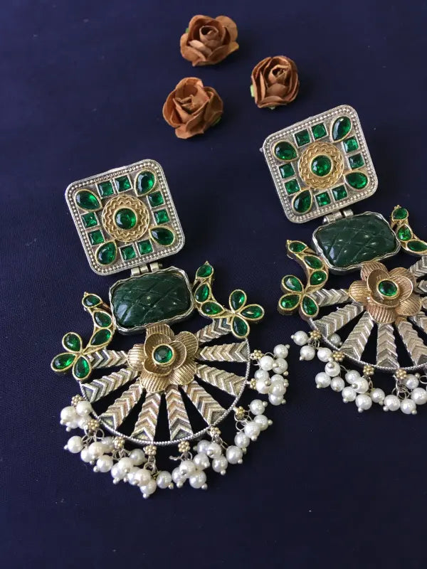 Handcrafted Brass Necklace with Precious Stones, Beads, and Cultured Pearls-Chandbali Earrings
