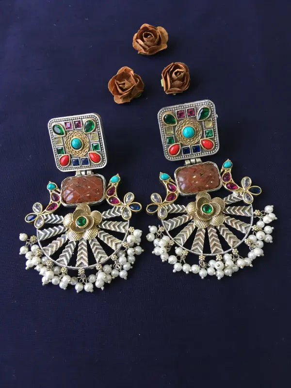 Handcrafted Brass Necklace with Precious Stones, Beads, and Cultured Pearls-Chandbali Earrings