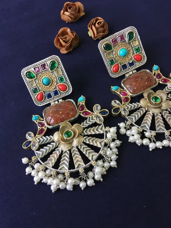 Handcrafted Brass Necklace with Precious Stones, Beads, and Cultured Pearls-Chandbali Earrings