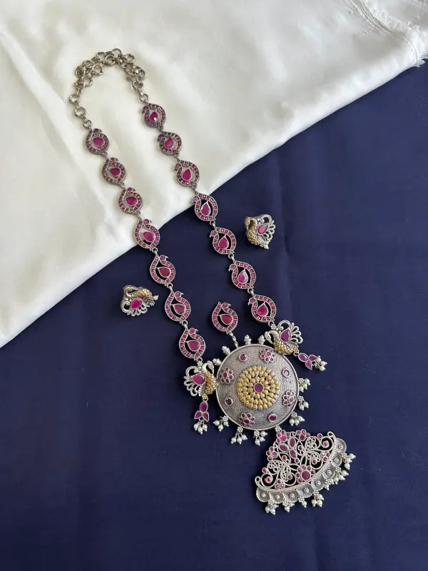 Handcrafted Magenta Pachi Kundan Necklace with Brass, Semi-Precious Stones, German Silver & Beads-Regular Necklace Sets