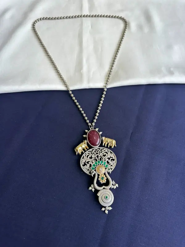 Handcrafted Shiny Maroon Filigree Pendant – Brass & Semi-Precious Stone-Long Necklaces