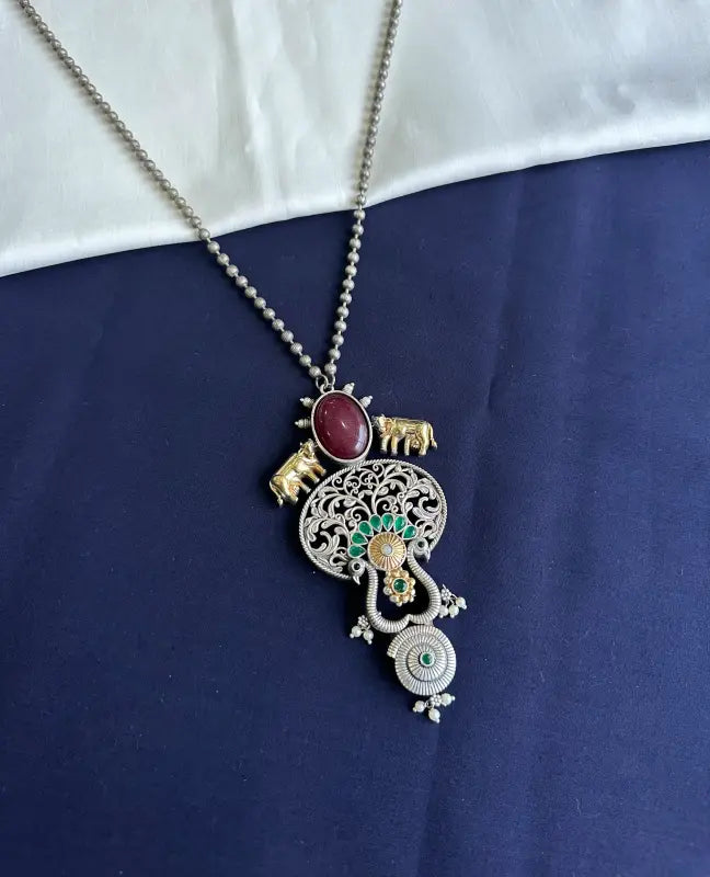 Handcrafted Shiny Maroon Filigree Pendant – Brass & Semi-Precious Stone-Long Necklaces