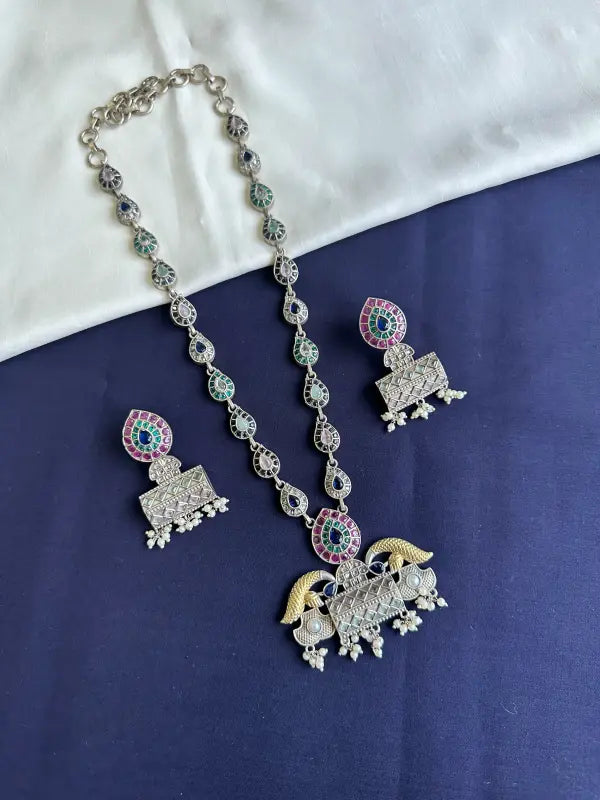 Multi-Color Matte Beadwork Necklace with Brass and German Silver Accents-Long Necklace Sets