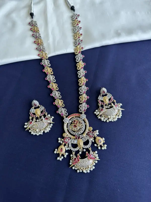 Handcrafted Dual Tone Magenta Beadwork Pendant – Brass, German Silver & Glass-Long Necklace Sets