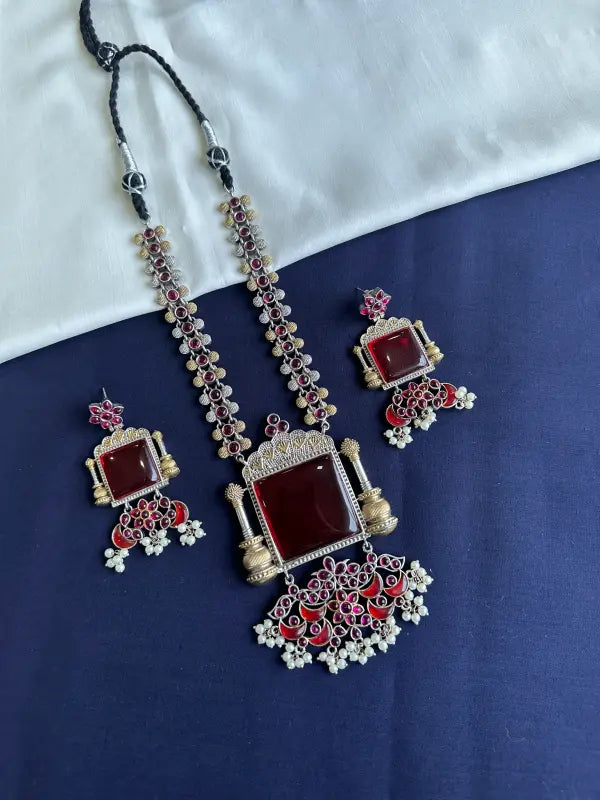 Handcrafted Dual-Tone Red Necklace with Semi-Precious Stones, Copper, Brass & German Silver-Regular Necklace Sets