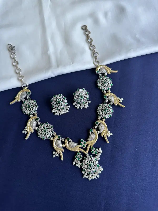 Handcrafted Dual Tone Green Filigree Pendant – Brass, Copper & Semi-Precious Stone-Short Necklace Sets