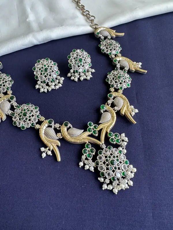 Handcrafted Dual Tone Green Filigree Pendant – Brass, Copper & Semi-Precious Stone-Short Necklace Sets