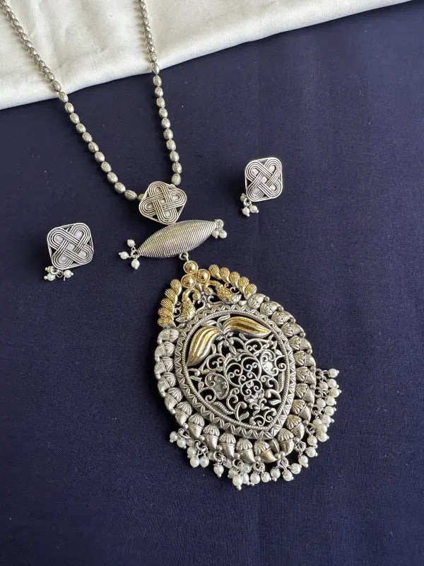 Handcrafted Dual Tone Gold Jaali Filigree Pendant – Brass & German Silver-Long Necklace Sets