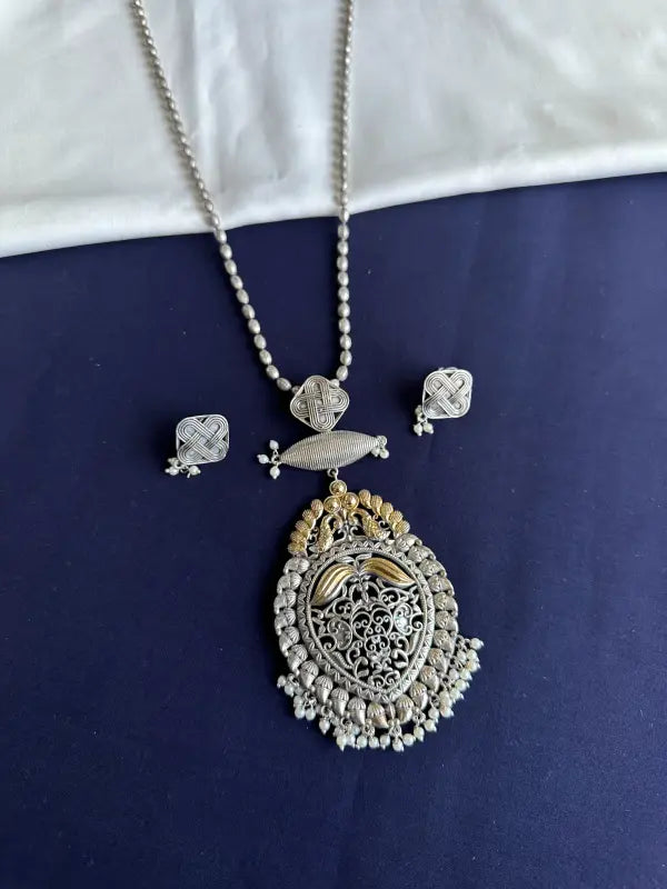 Handcrafted Dual Tone Gold Jaali Filigree Pendant – Brass & German Silver-Long Necklace Sets