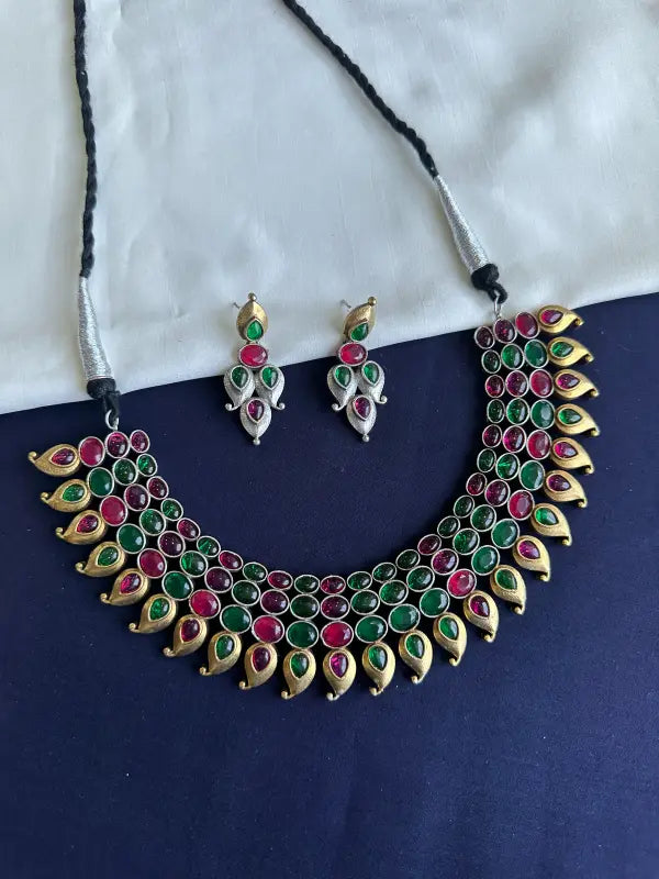 Handcrafted Necklace with Brass, Semi-Precious Stones & German Silver-Short Necklace Sets