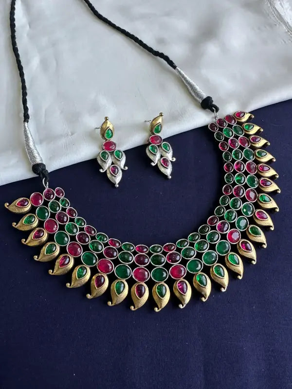 Handcrafted Necklace with Brass, Semi-Precious Stones & German Silver-Short Necklace Sets