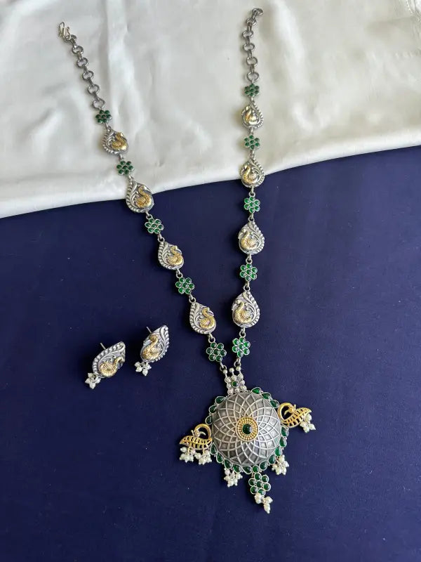 Handcrafted Dual-Tone Necklace with Semi-Precious Stones & Beadwork – Matte Green Finish-Long Necklace Sets