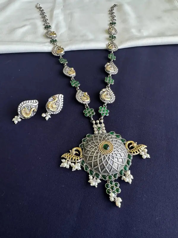 Handcrafted Dual-Tone Necklace with Semi-Precious Stones & Beadwork – Matte Green Finish-Long Necklace Sets