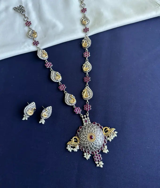 Handcrafted Dual-Tone Necklace with Semi-Precious Stones & Beadwork – Matte Green Finish-Long Necklace Sets