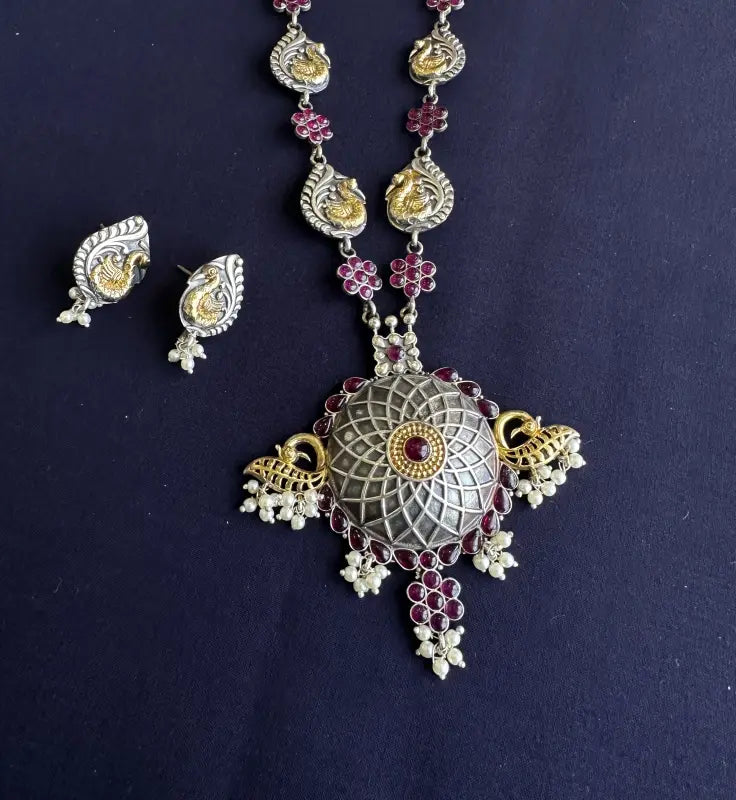 Handcrafted Dual-Tone Necklace with Semi-Precious Stones & Beadwork – Matte Green Finish-Long Necklace Sets