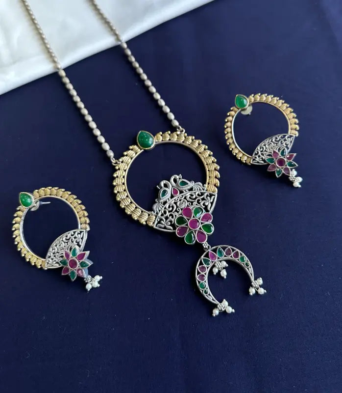 Handcrafted Dual Tone Multi Stone Pendant – Brass, Copper & Semi-Precious Stone-Long Necklace Sets