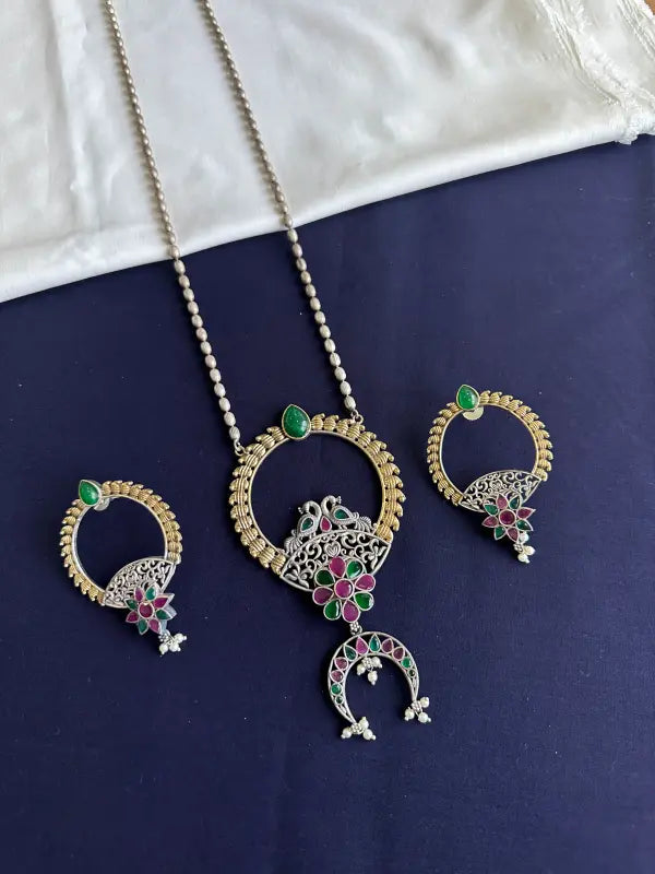 Handcrafted Dual Tone Multi Stone Pendant – Brass, Copper & Semi-Precious Stone-Long Necklace Sets